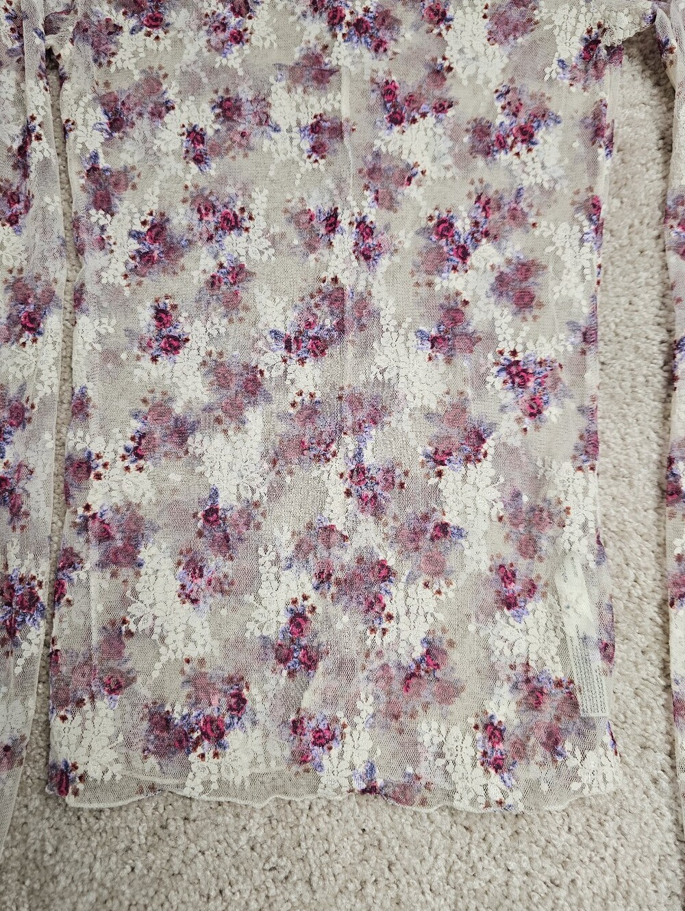 Free People Lady Lux Layering Top Floral Mesh Long Sleeve Mock Neck Ivory Small - Picture 5 of 10